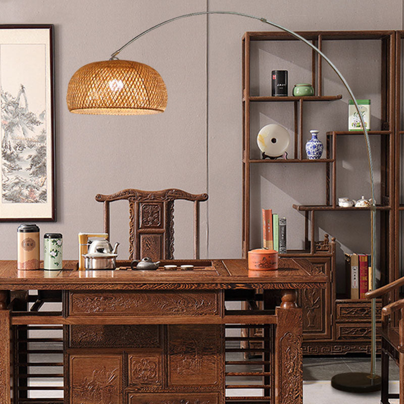 Visserslamp Staande Lamp Chinese Bamboe 1-Licht Houten Leesvloerlamp met Draaibare Kap