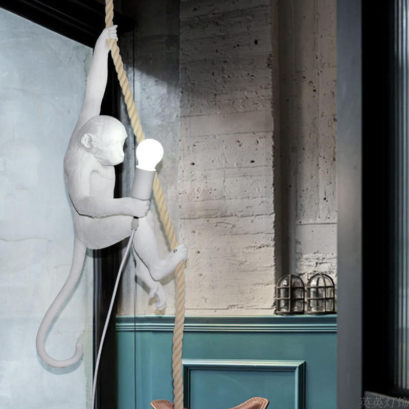 Moderne Aap Plafondlamp Hars Enkelvoudige Lamp Restaurant Hanglamp met Jute Touw