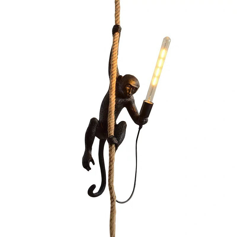 Moderne Aap Plafondlamp Hars Enkelvoudige Lamp Restaurant Hanglamp met Jute Touw