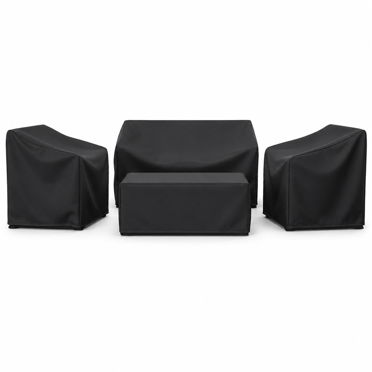 WeatherTone zwarte weerbestendige meubelhoezen voor loungeset met bank, twee stoelen en tafel op witte achtergrond