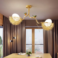 Artistry Melk Witte Glazen Bal Kroonluchter Hanglamp 1/2/3-Licht Gouden Hanglamp met Vogels en Handgenaaid Aluminium Nest