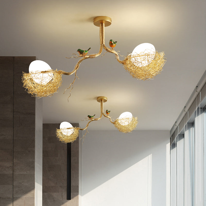Artistry Melk Witte Glazen Bal Kroonluchter Hanglamp 1/2/3-Licht Gouden Hanglamp met Vogels en Handgenaaid Aluminium Nest