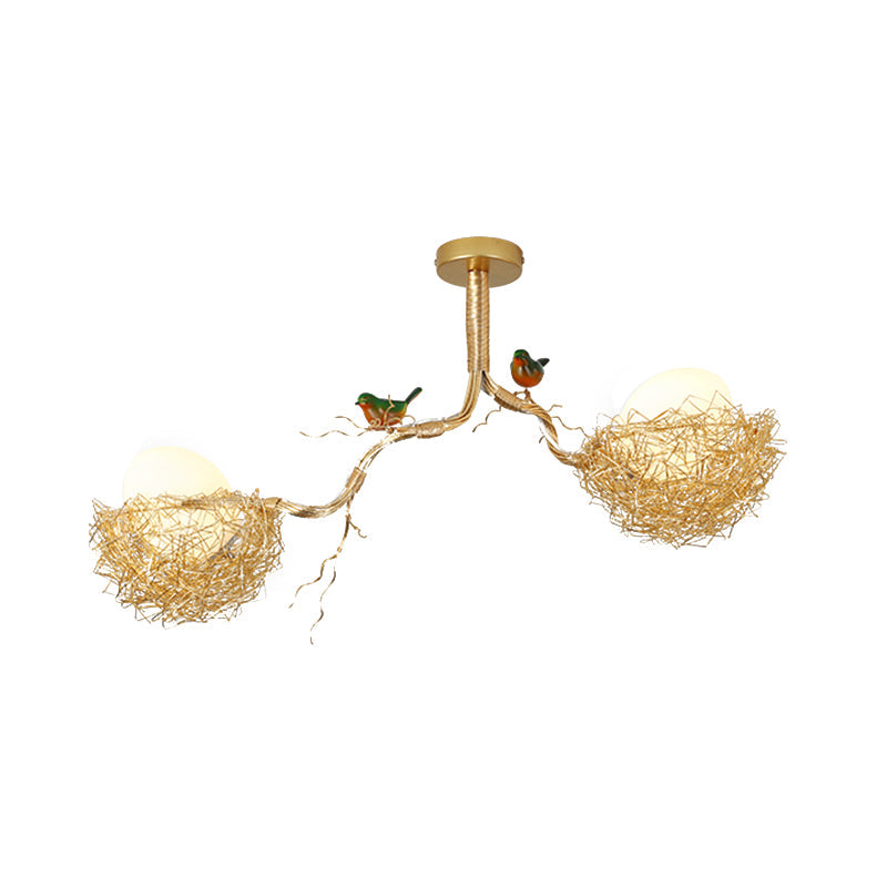 Artistry Melk Witte Glazen Bal Kroonluchter Hanglamp 1/2/3-Licht Gouden Hanglamp met Vogels en Handgenaaid Aluminium Nest