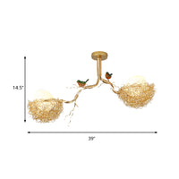 Artistry Melk Witte Glazen Bal Kroonluchter Hanglamp 1/2/3-Licht Gouden Hanglamp met Vogels en Handgenaaid Aluminium Nest