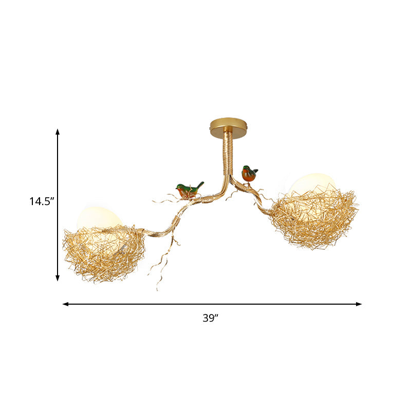Artistry Melk Witte Glazen Bal Kroonluchter Hanglamp 1/2/3-Licht Gouden Hanglamp met Vogels en Handgenaaid Aluminium Nest