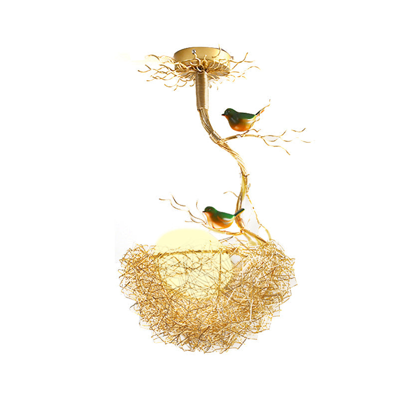 Artistry Melk Witte Glazen Bal Kroonluchter Hanglamp 1/2/3-Licht Gouden Hanglamp met Vogels en Handgenaaid Aluminium Nest