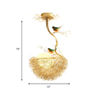 Artistry Melk Witte Glazen Bal Kroonluchter Hanglamp 1/2/3-Licht Gouden Hanglamp met Vogels en Handgenaaid Aluminium Nest