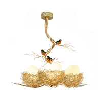 Artistry Melk Witte Glazen Bal Kroonluchter Hanglamp 1/2/3-Licht Gouden Hanglamp met Vogels en Handgenaaid Aluminium Nest