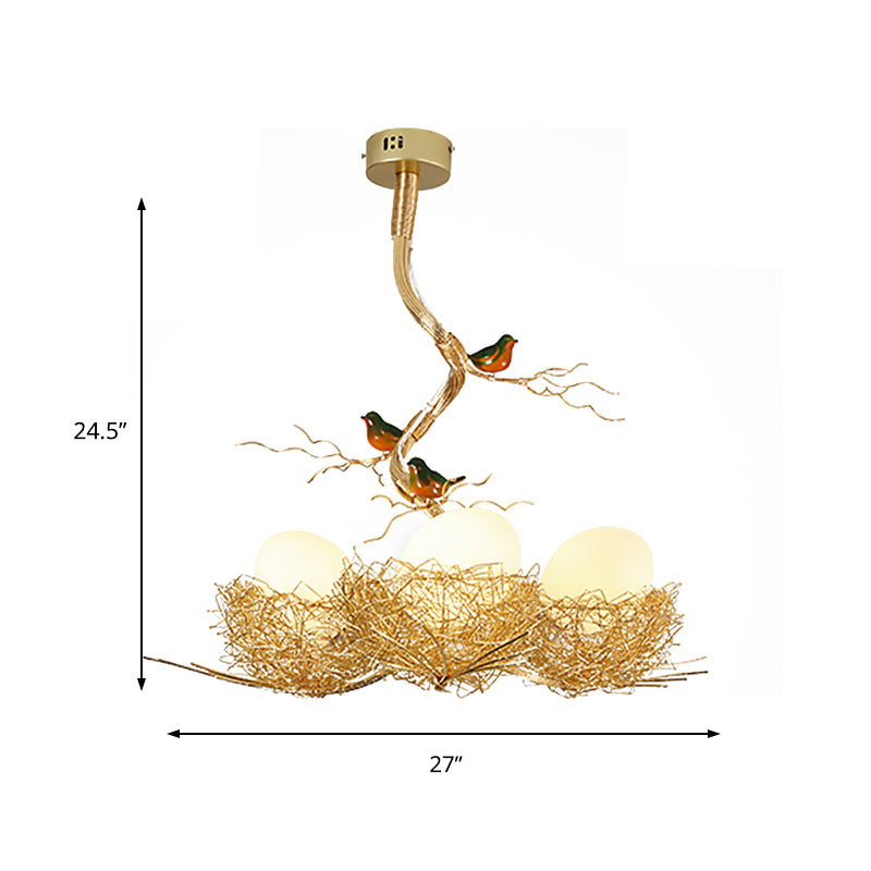 Artistry Melk Witte Glazen Bal Kroonluchter Hanglamp 1/2/3-Licht Gouden Hanglamp met Vogels en Handgenaaid Aluminium Nest