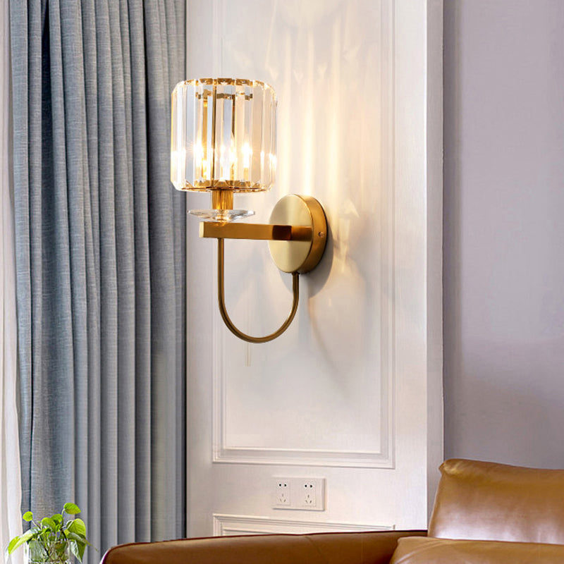 Cilindrische Kristallen Wandverlichting Postmodern 1 Hoofd Gouden Afwerking Wandlamp met Gebogen Arm
