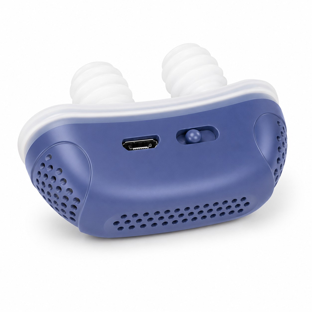 MicroBreath compact CPAP apparaat met blauwe behuizing en witte siliconen neusopzet op witte achtergrond
