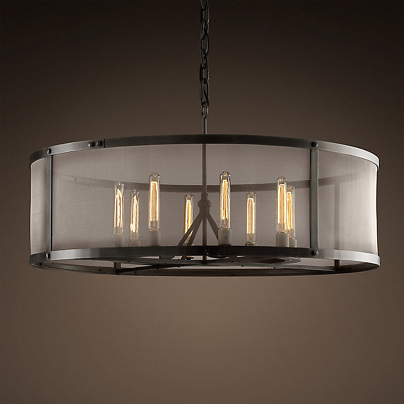 Drum Eettafel Hanglamp Magazijn Metaal 4/8 Lichten Zwarte Kroonluchter Pendel met Gaas Scherm