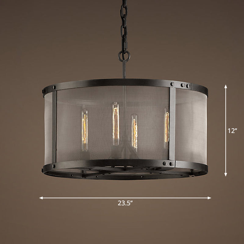 Drum Eettafel Hanglamp Magazijn Metaal 4/8 Lichten Zwarte Kroonluchter Pendel met Gaas Scherm