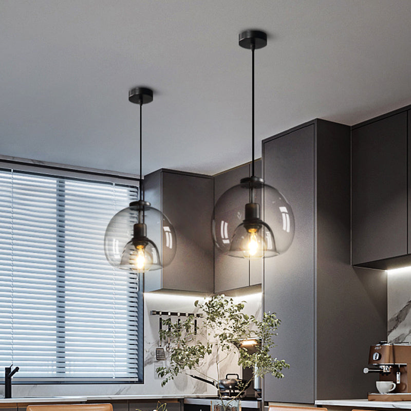 Handgeblazen Glazen Koepel Hanglamp Minimalistisch 1-Lichts Zwarte Hanglamp Boven Tafel