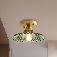 1 Licht Flared Semi Flush Licht Industrieel Helder/Groen Geribbeld Glas Plafondmontage voor Woonkamer