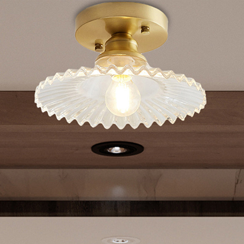 1 Licht Flared Semi Flush Licht Industrieel Helder/Groen Geribbeld Glas Plafondmontage voor Woonkamer