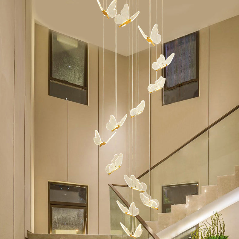 Vlinder Spiraaltrap Plafondverlichting Acryl Moderne LED Multi-Licht Hanglamp in Goud