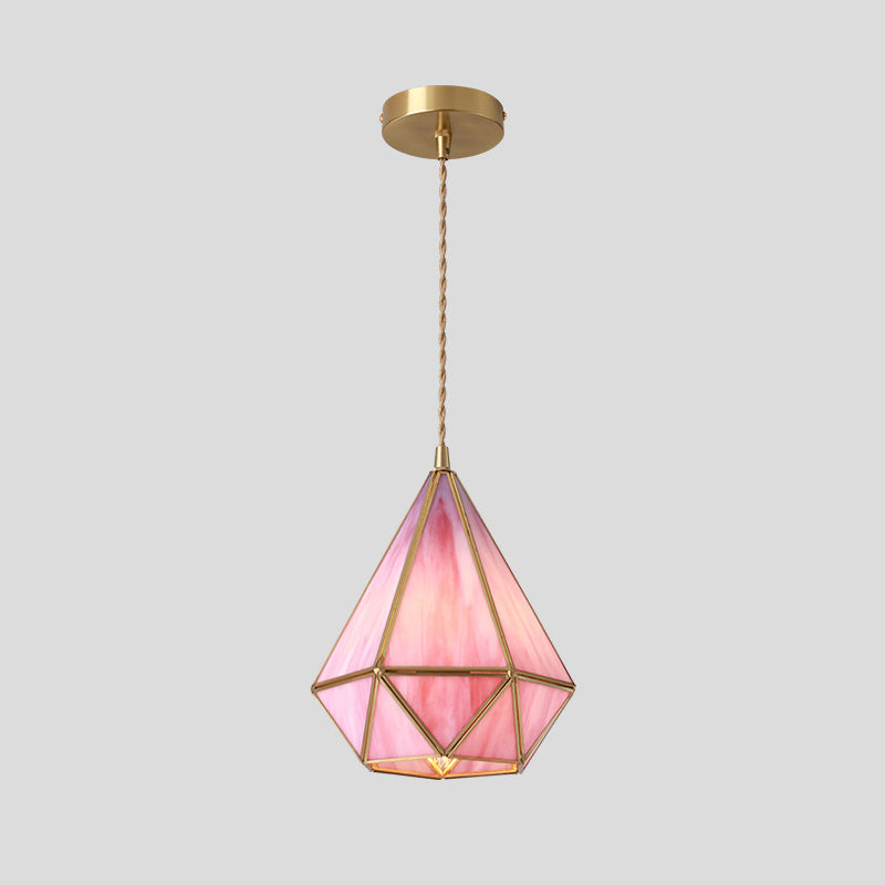 Hanglamp Tiffany-stijl met glazen schaduw en messing plafondplaat