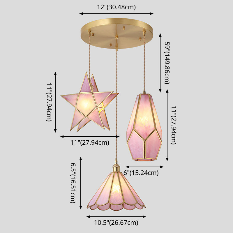 Hanglamp Tiffany-stijl met glazen schaduw en messing plafondplaat