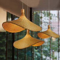 Beige Strohoed Vorm Hanglamp Kit Aziatisch 1-Licht Rieten Plafond Pendellicht voor Eettafel