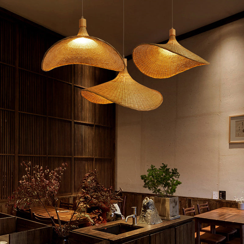 Beige Strohoed Vorm Hanglamp Kit Aziatisch 1-Licht Rieten Plafond Pendellicht voor Eettafel