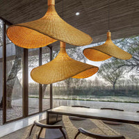 Beige Strohoed Vorm Hanglamp Kit Aziatisch 1-Licht Rieten Plafond Pendellicht voor Eettafel