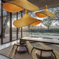 Beige Strohoed Vorm Hanglamp Kit Aziatisch 1-Licht Rieten Plafond Pendellicht voor Eettafel
