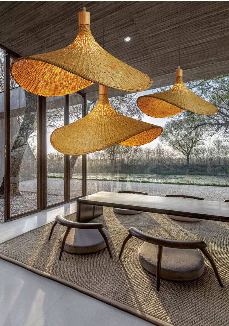 Beige Strohoed Vorm Hanglamp Kit Aziatisch 1-Licht Rieten Plafond Pendellicht voor Eettafel