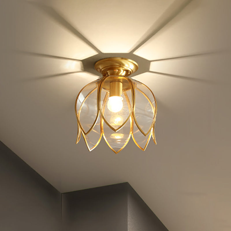 1 Lamp Lotus Plafondmontage Koloniaal Messing Helder Glas Flush Lichtarmatuur voor Gang