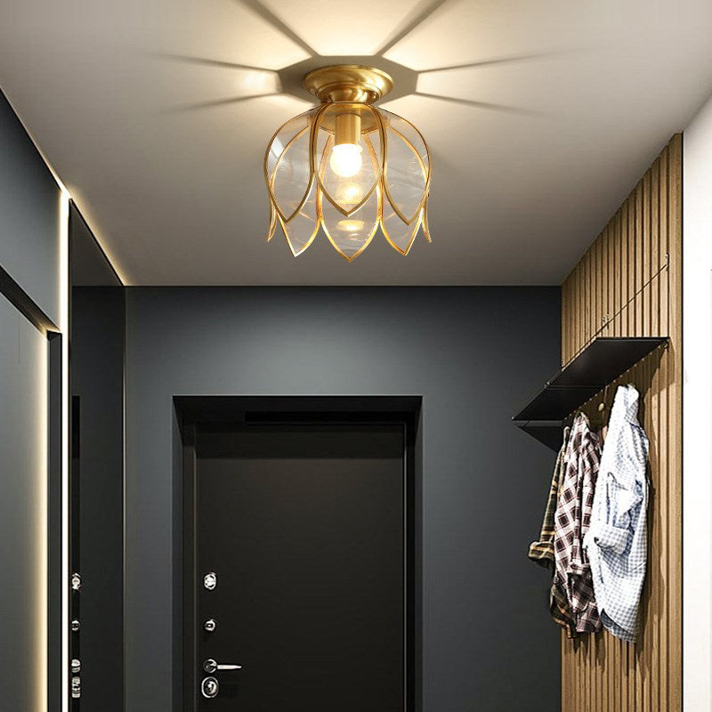 1 Lamp Lotus Plafondmontage Koloniaal Messing Helder Glas Flush Lichtarmatuur voor Gang