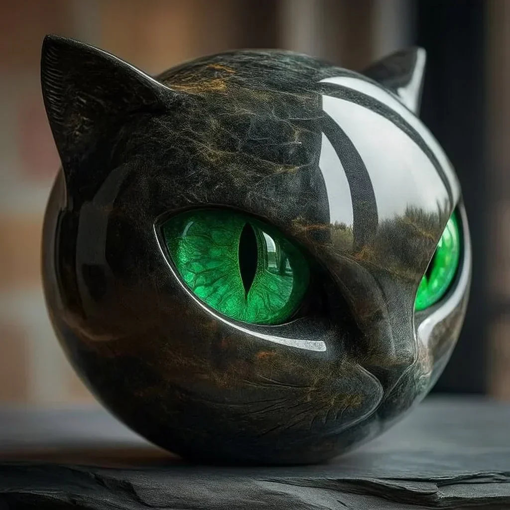 NoirCat Sculptuur – Zwarte Kattenkop met Hypnotiserende Ogen
