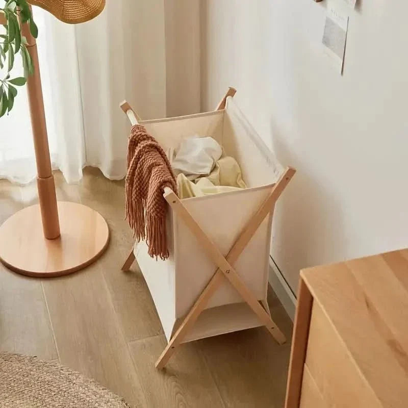 Vouwbare Houten Wasmand met Stoffen Zak voor Elegante Wasopslag