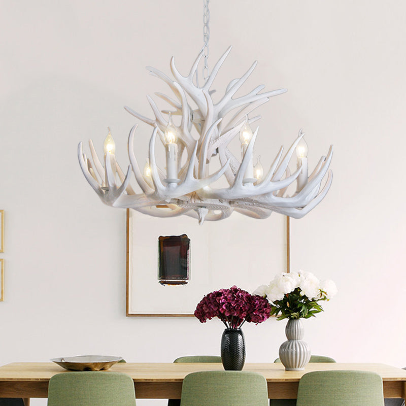 Witte Geweien Kroonluchter Verlichting Rustiek Hars 21.5"/25.5"/27.5" Breed 9/12 Lampen Woonkamer Plafond Hanglamp