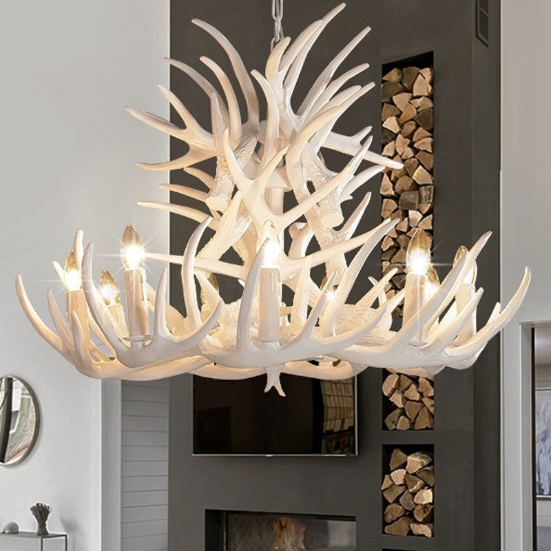 Witte Geweien Kroonluchter Verlichting Rustiek Hars 21.5"/25.5"/27.5" Breed 9/12 Lampen Woonkamer Plafond Hanglamp