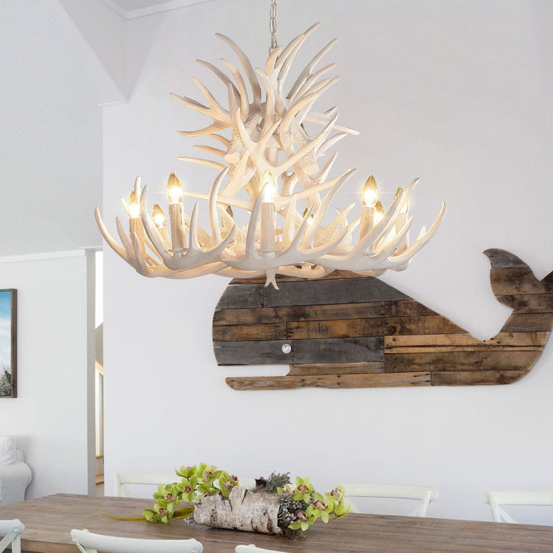Witte Geweien Kroonluchter Verlichting Rustiek Hars 21.5"/25.5"/27.5" Breed 9/12 Lampen Woonkamer Plafond Hanglamp