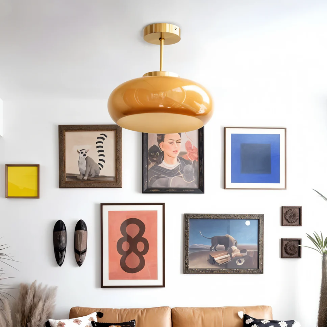 Glazen Plafondlamp met Ronde Kap en Metalen Stang