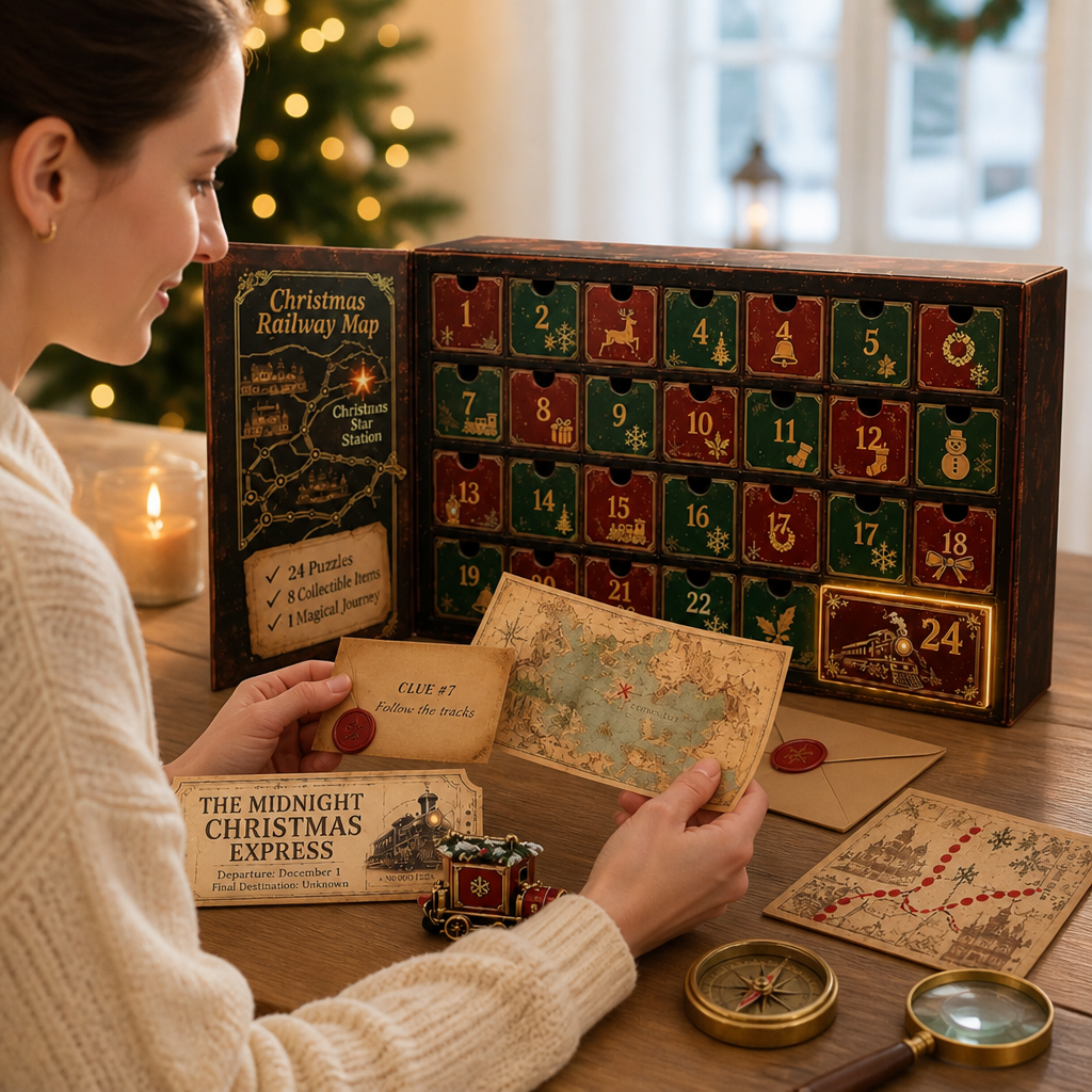 24-dagen escape room puzzel adventskalender met 6 mysterie-thema's