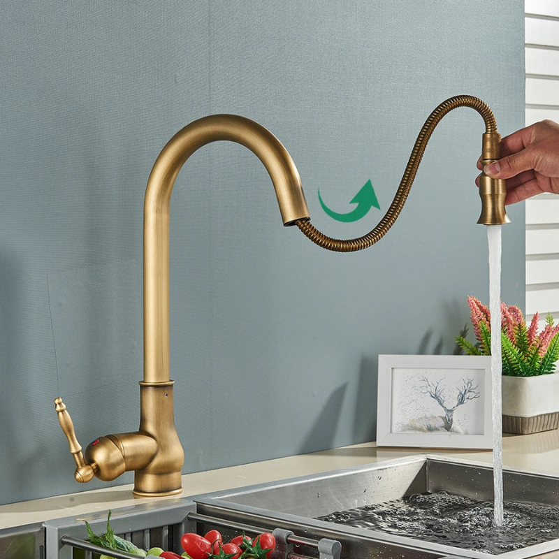 VintageTap Antieke Messing Keukenkraan – Retro Stijl Mengkraan met Draaiende Uitloop