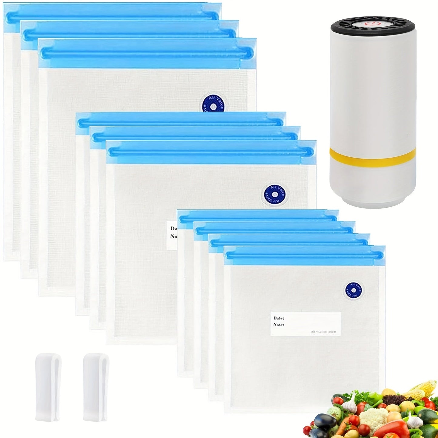 Skanto | Handheld elektrische vacuümapparaat met vacuümopslagzakken – Inclusief 3 maten (4x8,5", 3x11", 3x13,5"), vacuümverzegelde zipzakken en elektrische pomp