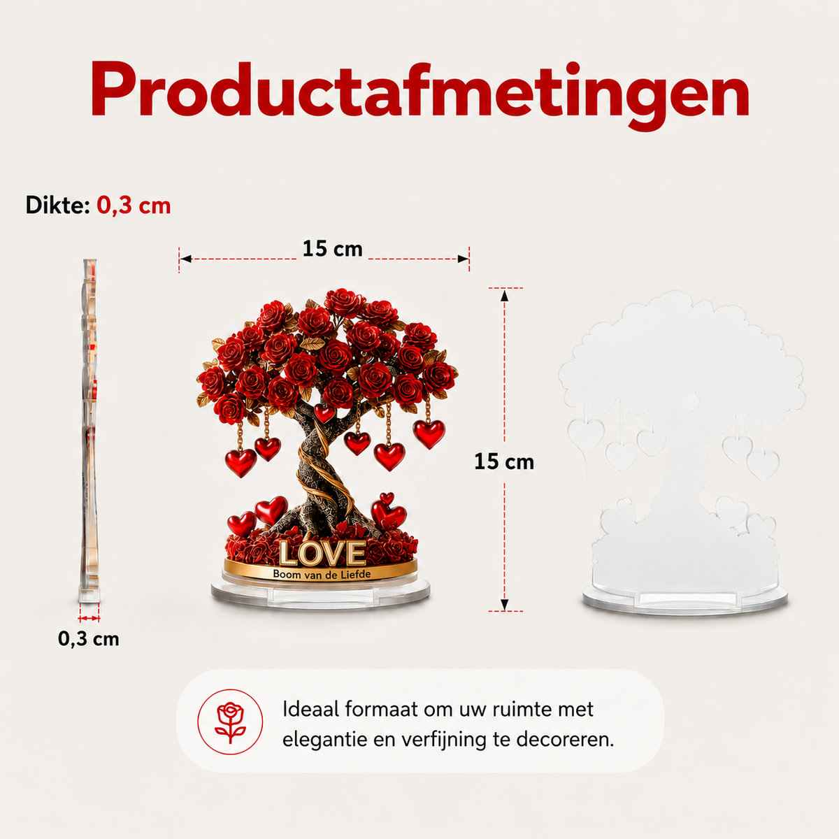 NOBLEHEART GEM – Elegant rozenboom van kristal in de vorm van een hart met gouden basis
