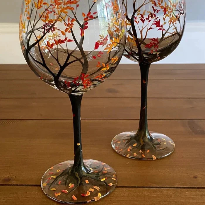 Handgeschilderde Wijnglazen met Vier Seizoenen Boom | Unieke Kunst