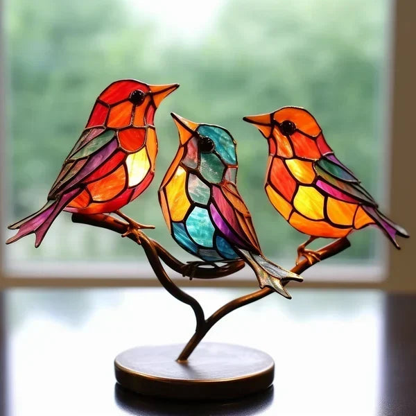 Moderne vogel tafel sculptuur met gekleurd glas en decoratief kunstontwerp
