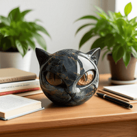 NoirCat Sculptuur – Zwarte Kattenkop met Hypnotiserende Ogen