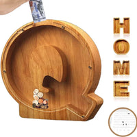 TreasureNest Muntbank | Gepersonaliseerde houten spaarpot in A-Z letterontwerpen