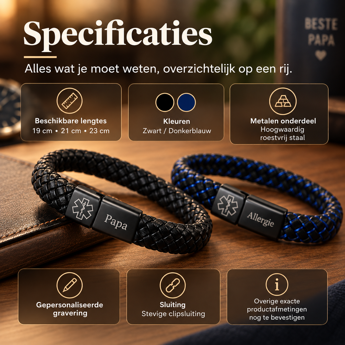 Custom AlertBand | Gepersonaliseerde Medische ID Armband – Cadeau voor Vader of Echtgenoot