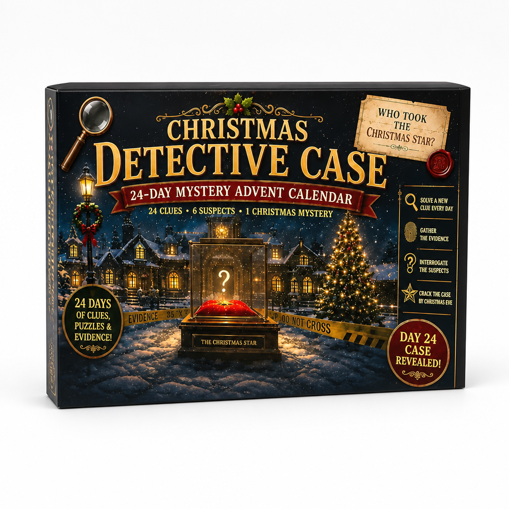24-dagen escape room puzzel adventskalender met 6 mysterie-thema's