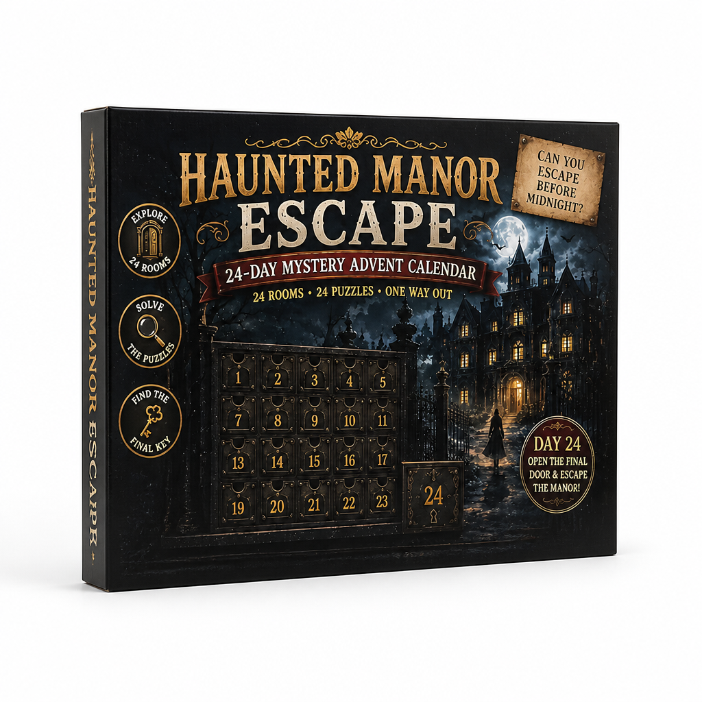 24-dagen escape room puzzel adventskalender met 6 mysterie-thema's