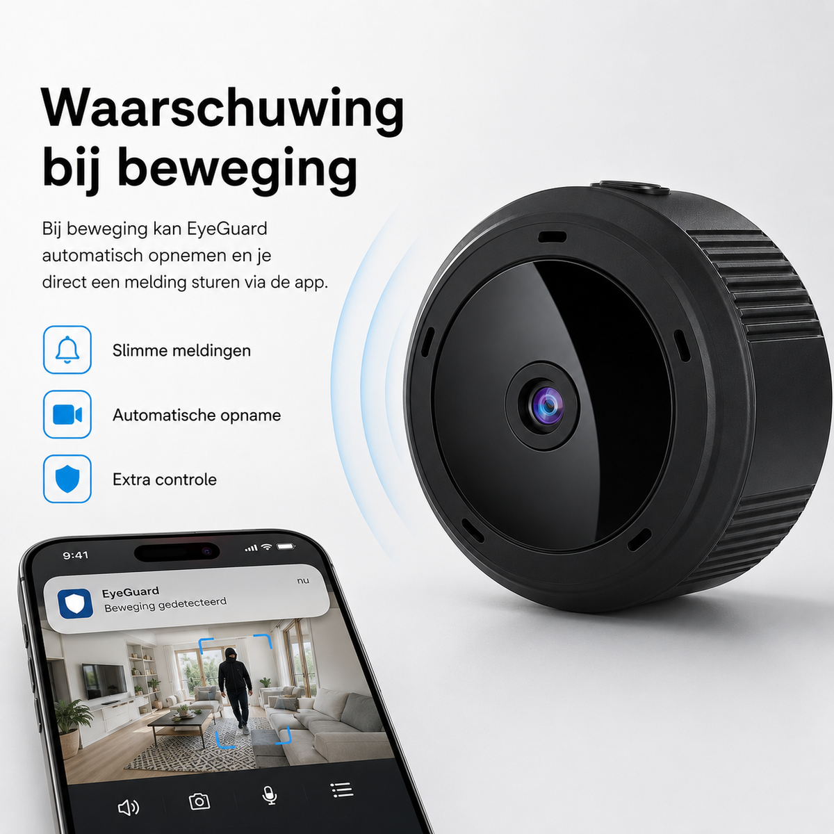 EyeGuard | Compacte WiFi Beveiligingscamera met HD Nachtzicht