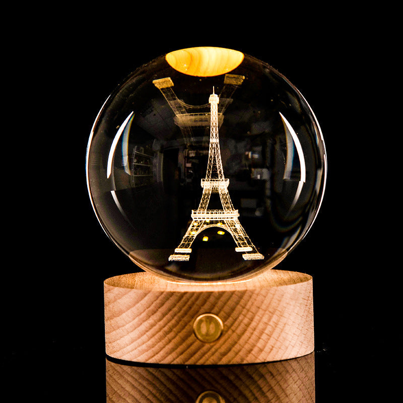 LED 3D Lamp in Kristal – Decoratieve Bol met Houten Basis