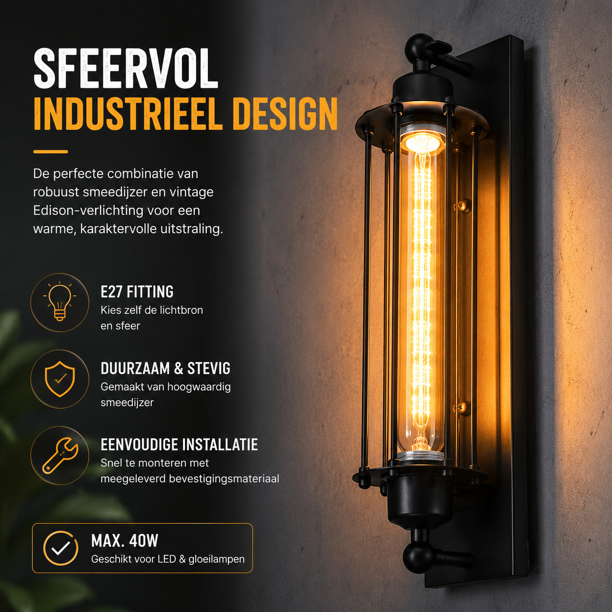 Retro E27 industriële wandlamp | Klassieke wandlamp met modern LED-ontwerp voor thuisdecoratie